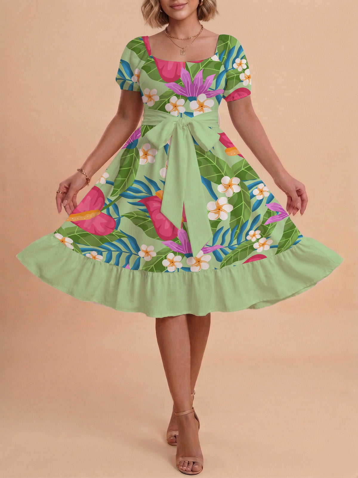 Damen A-Linien-Kleid mit floralen Motiven und taillierbarem Gürtel EB