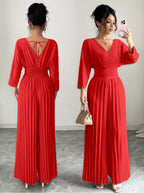 Eleganter Damen-Plissee-Jumpsuit mit V-Ausschnitt