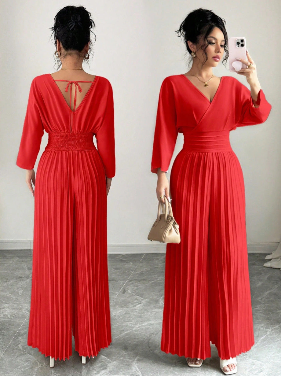 Eleganter Damen-Plissee-Jumpsuit mit V-Ausschnitt
