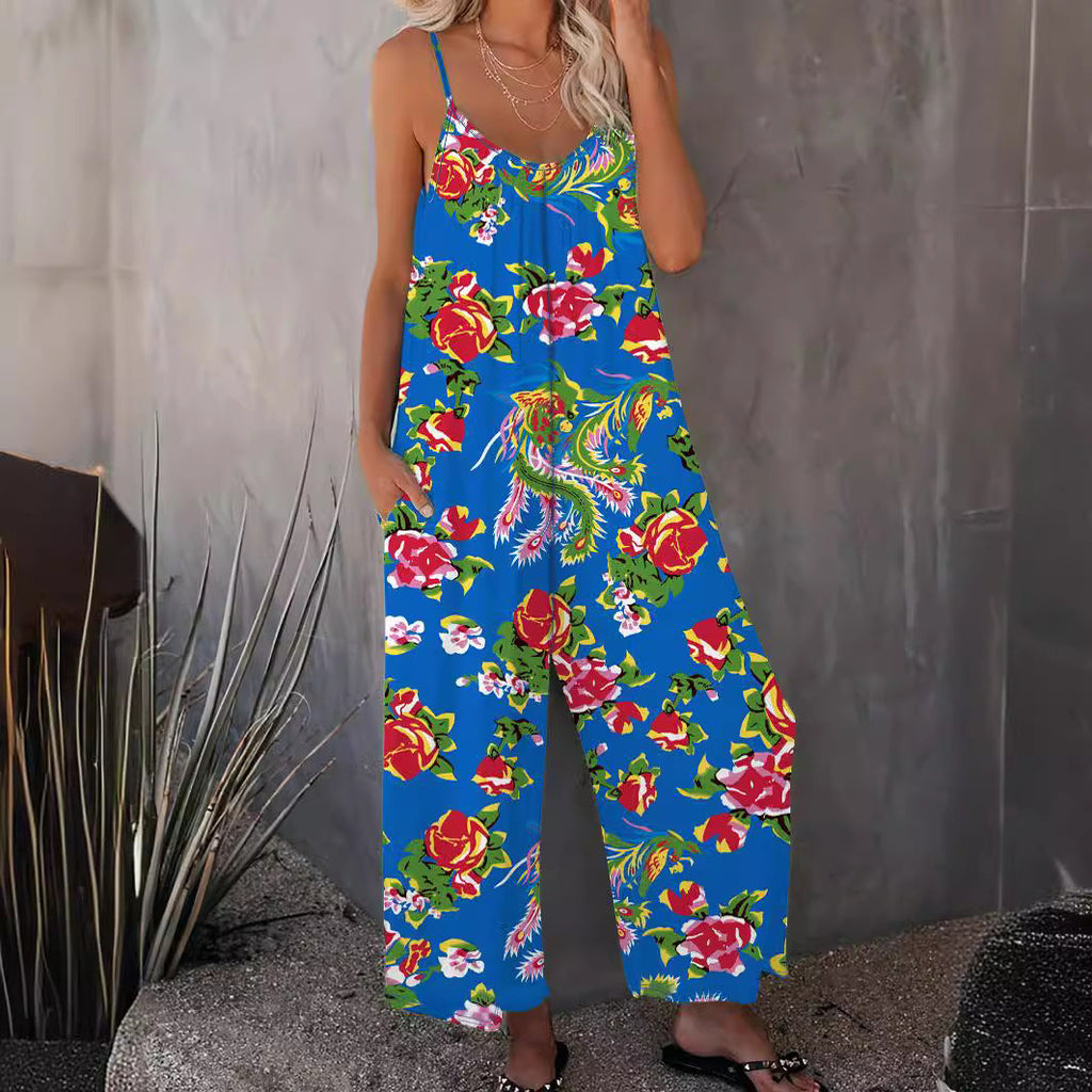 Damen Luftiger Jumpsuit mit floralem Design und verstellbaren Trägern EB