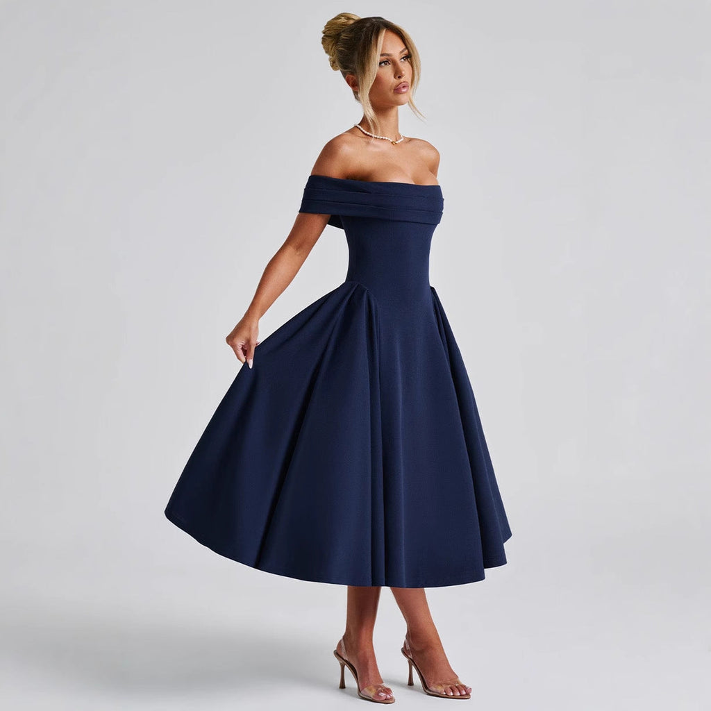 Damen Cocktailkleid mit schulterfreiem Design und voluminösem Rock EB