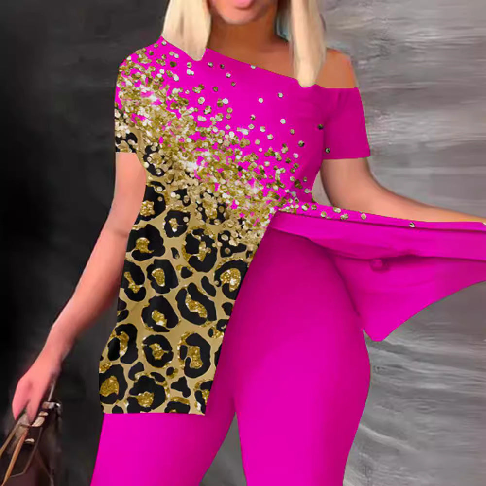 Damen Einseitig Off-Shoulder Jumpsuit mit Animal-Print und funkelnden Akzenten EB