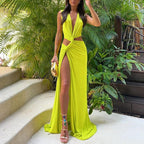 Damen Elegantes Cut-Out Maxikleid mit raffinierten Drapierungen und hohem Schlitz EB