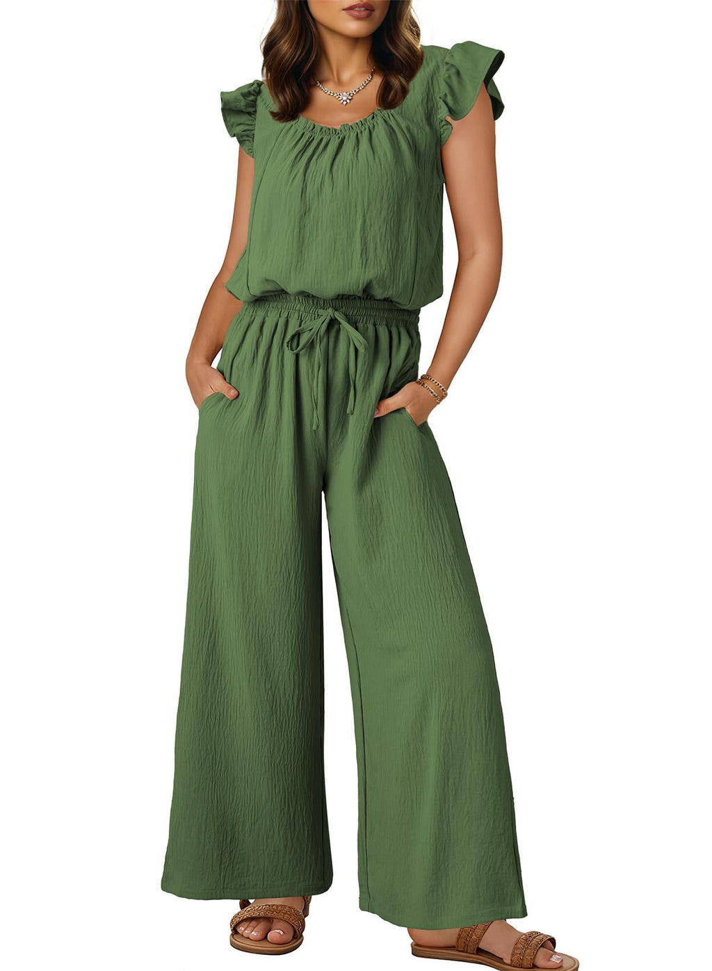 Damen-Crinkle-Jumpsuit mit weitem Bein, elastischem Bund und gerüschten Ärmeln