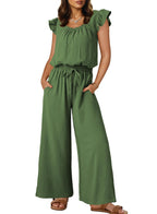 Damen-Crinkle-Jumpsuit mit weitem Bein, elastischem Bund und gerüschten Ärmeln