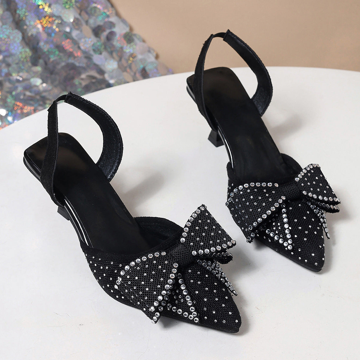 Damen Slingback-Pumps mit schimmernden Strassverzierungen und eleganter Schleifenoptik EB