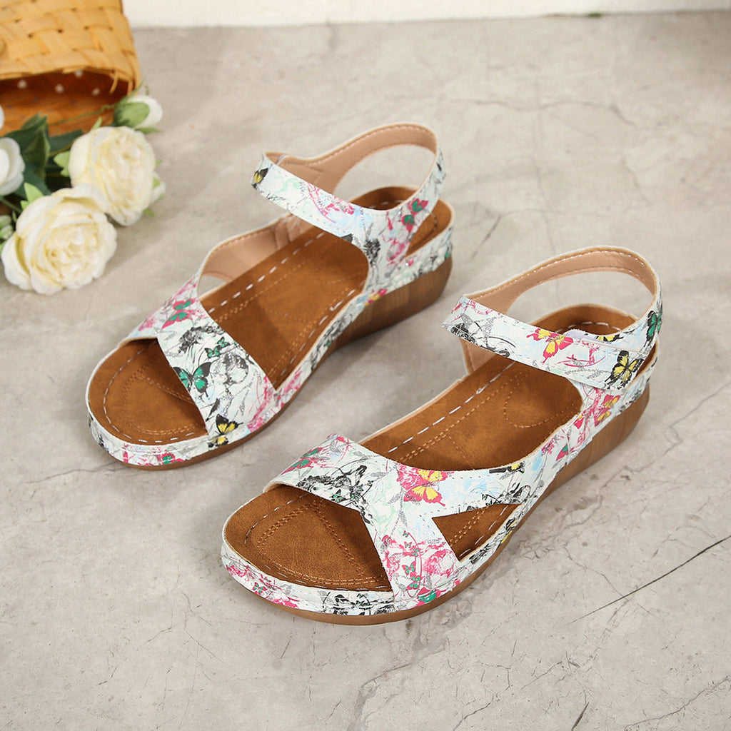 Damen Bequeme Wedge-Sandalen mit breitem Riemen und floralem Design EB