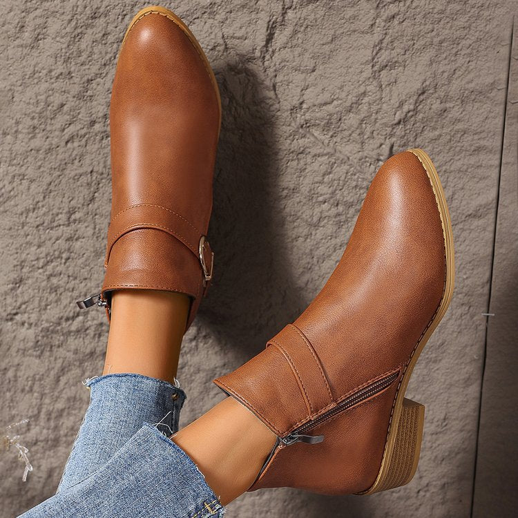 Damen Elegante Ankle Boots mit modischem Reißverschluss und dekorativer Schnalle EB