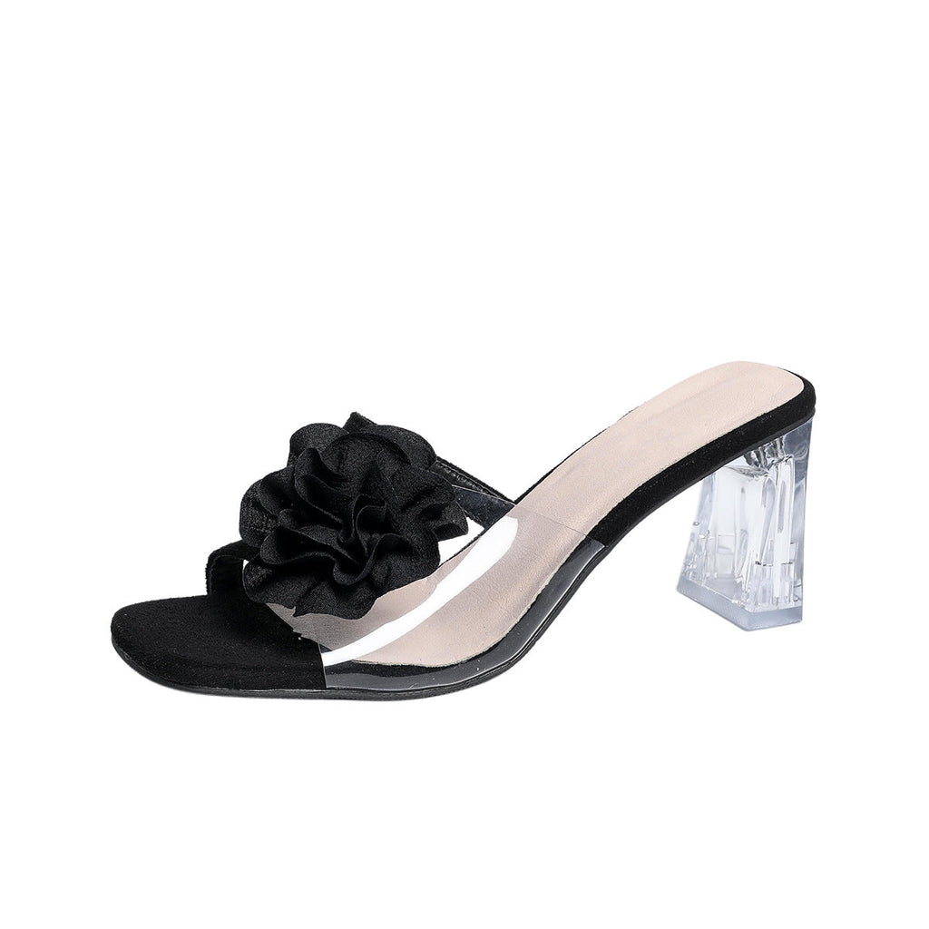 Damen Absatzsandalen mit floralen Applikationen und transparentem Blockabsatz EB