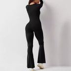 Damen nan figurbetonter Langarm-Jumpsuit mit quadratischem Ausschnitt und ausgestellter Schlaghose EB