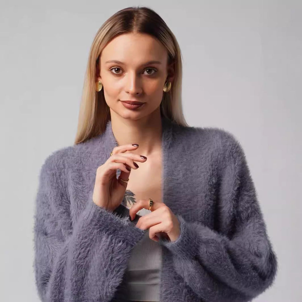 Damen Flauschiger Langstrickmantel mit seitlichem Schlitz und lockerer Passform EB
