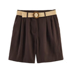 Damen elegante Shorts mit breitem, geflochtenem Gürtel EB