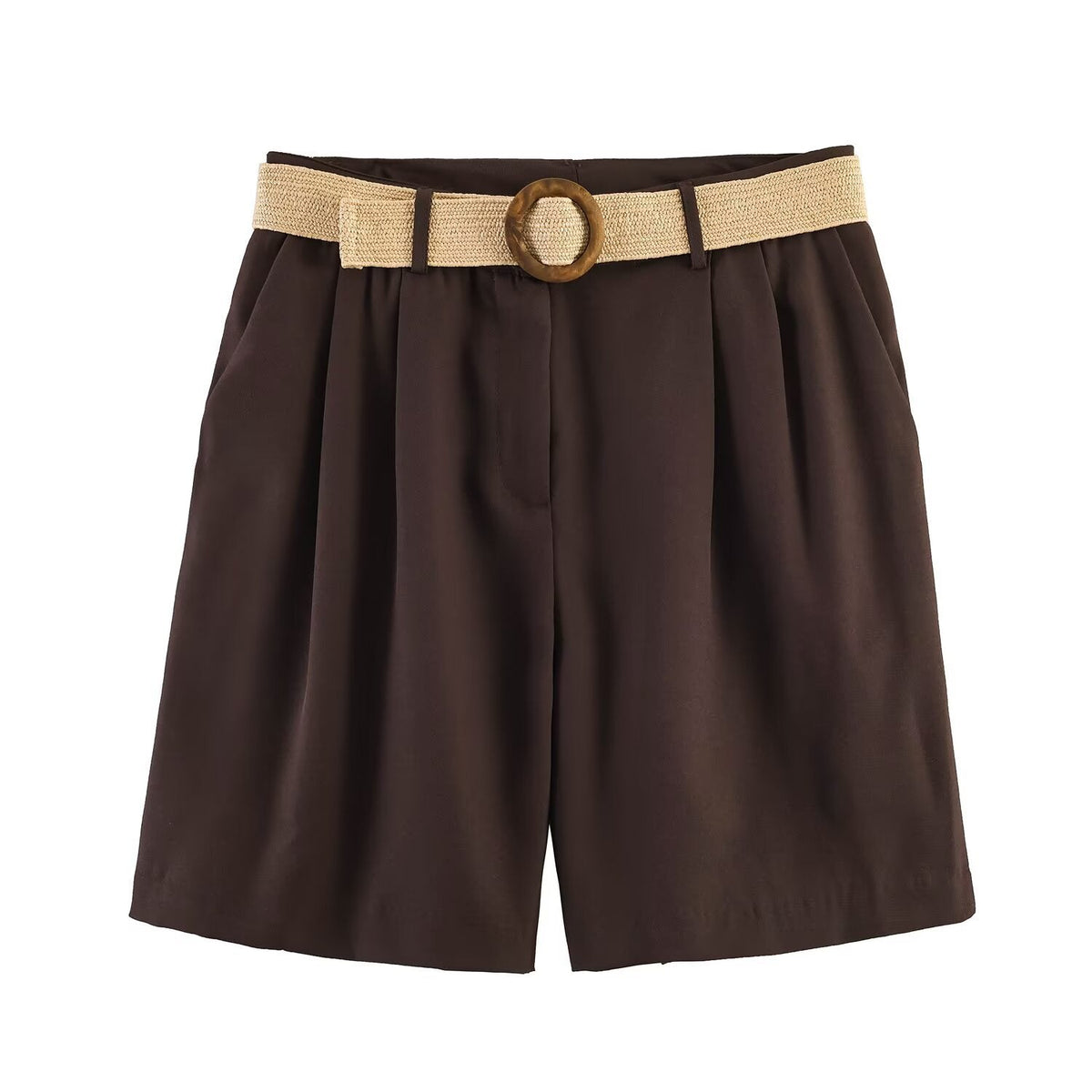 Damen elegante Shorts mit breitem, geflochtenem Gürtel EB