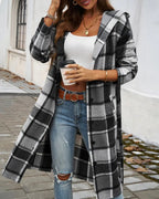 Damen Karomuster Longjacke mit Kapuze EB