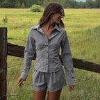Damen nan zweiteiliges Vichy-Set aus taillierter Blusenjacke mit Wiener Nähten und Highwaist-Shorts EB