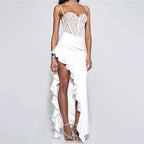 Damen Brautkleid mit Spitzenoberteil und asymmetrischen Rüschen EB