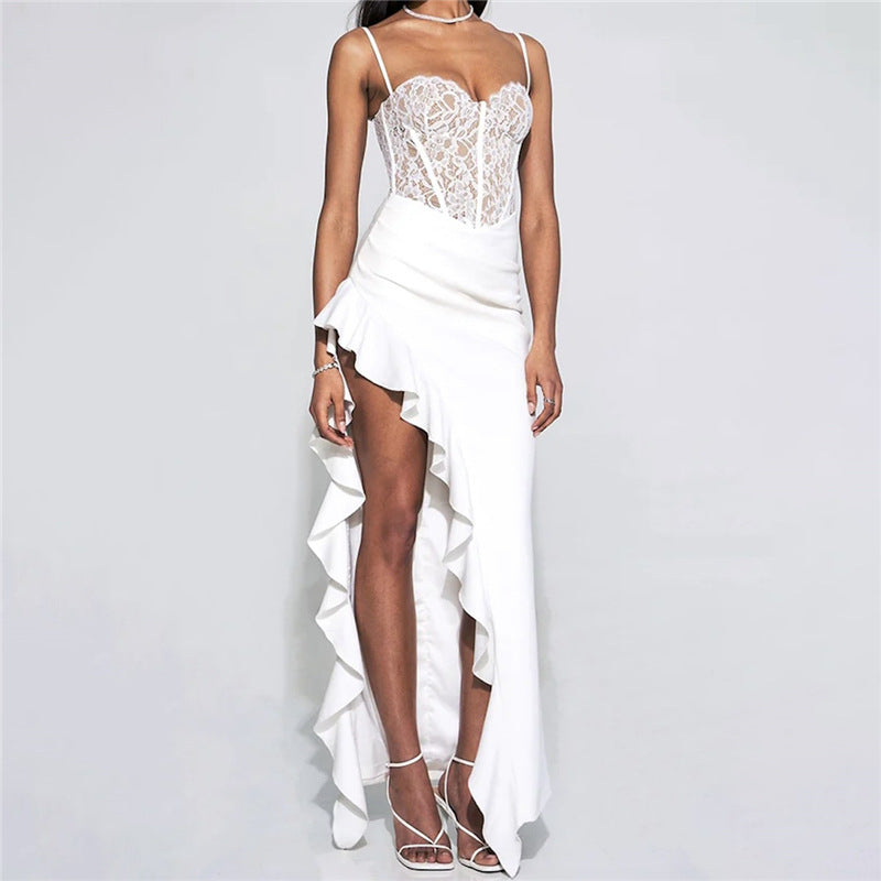 Damen Brautkleid mit Spitzenoberteil und asymmetrischen Rüschen EB