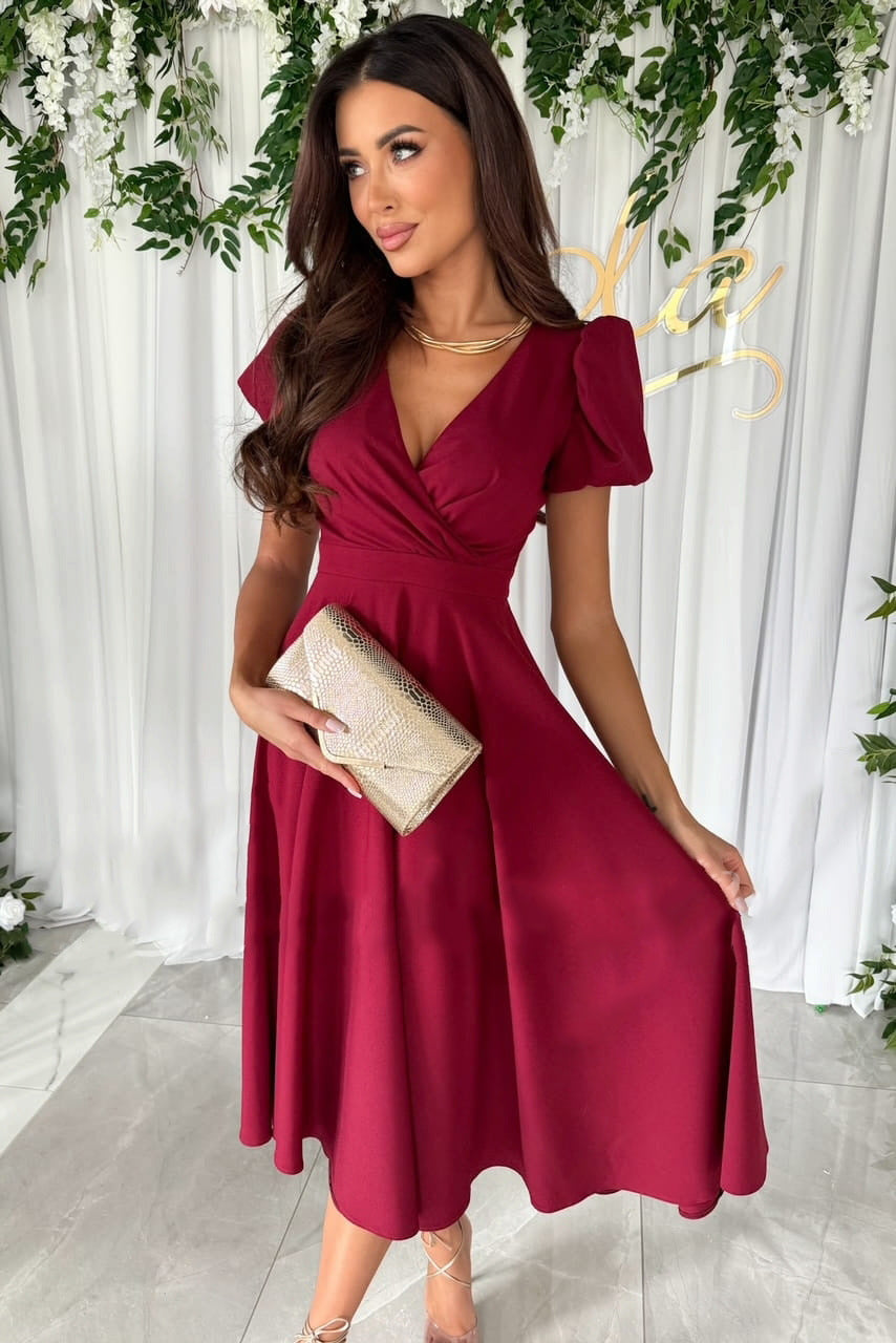 Damen A-Linie Kleid mit Puffärmeln und schmalem V-Ausschnitt EB
