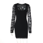 Damen Elegantes Kleid mit Spitzenärmeln und transparentem Dekolleté EB