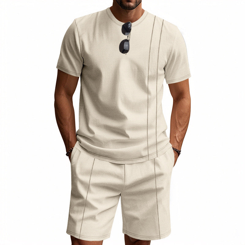 Herren-Set aus strukturiertem Jersey-Kurzarmhemd und passender Shorts mit Falten