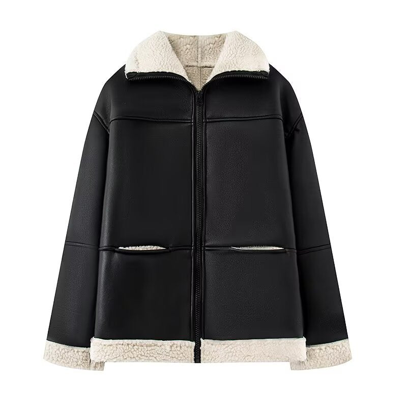 Damen Kunstlederjacke mit warmem Sherpa-Futter und praktischen Taschen EB