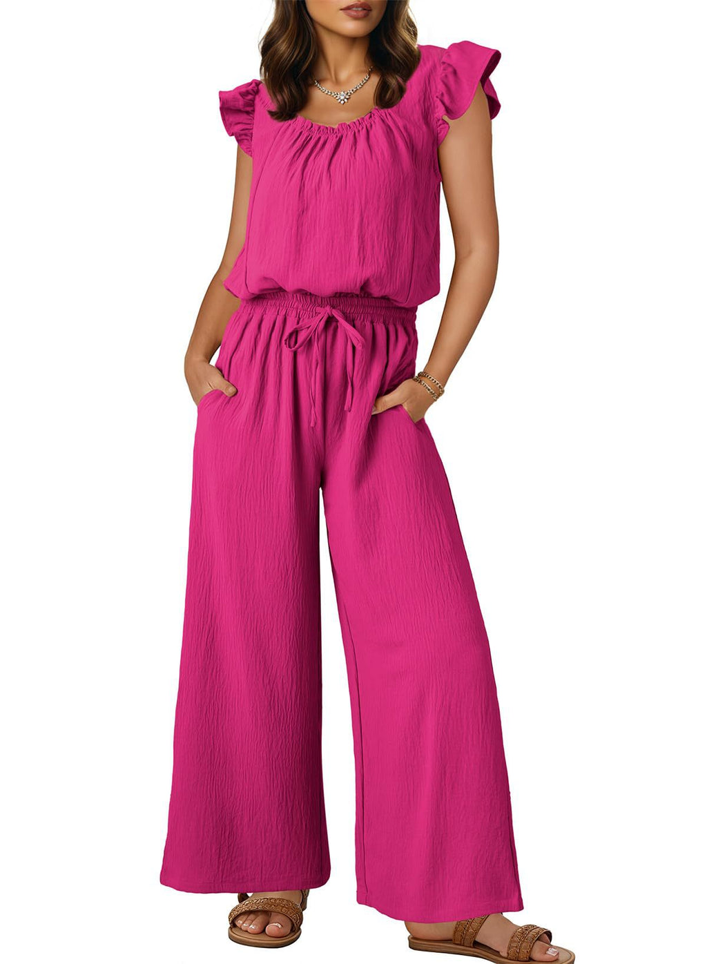 Damen-Crinkle-Jumpsuit mit weitem Bein, elastischem Bund und gerüschten Ärmeln