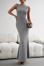 Damen elegantes Maxikleid mit innovativer Raffung und Taillengürtel EB