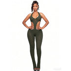 Damen Cut-Out Bodycon Overall mit tiefem V-Ausschnitt und transparenter Häkelstruktur EB