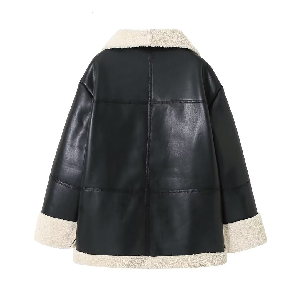 Damen gesteppte Kunstlederjacke mit warmem Innenfutter und elegantem Revers EB