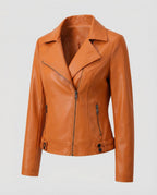 Damen Kunstleder-Bikerjacke mit asymmetrischem Reißverschluss wattierter Innenfütterung und taillierten Abnähern EB