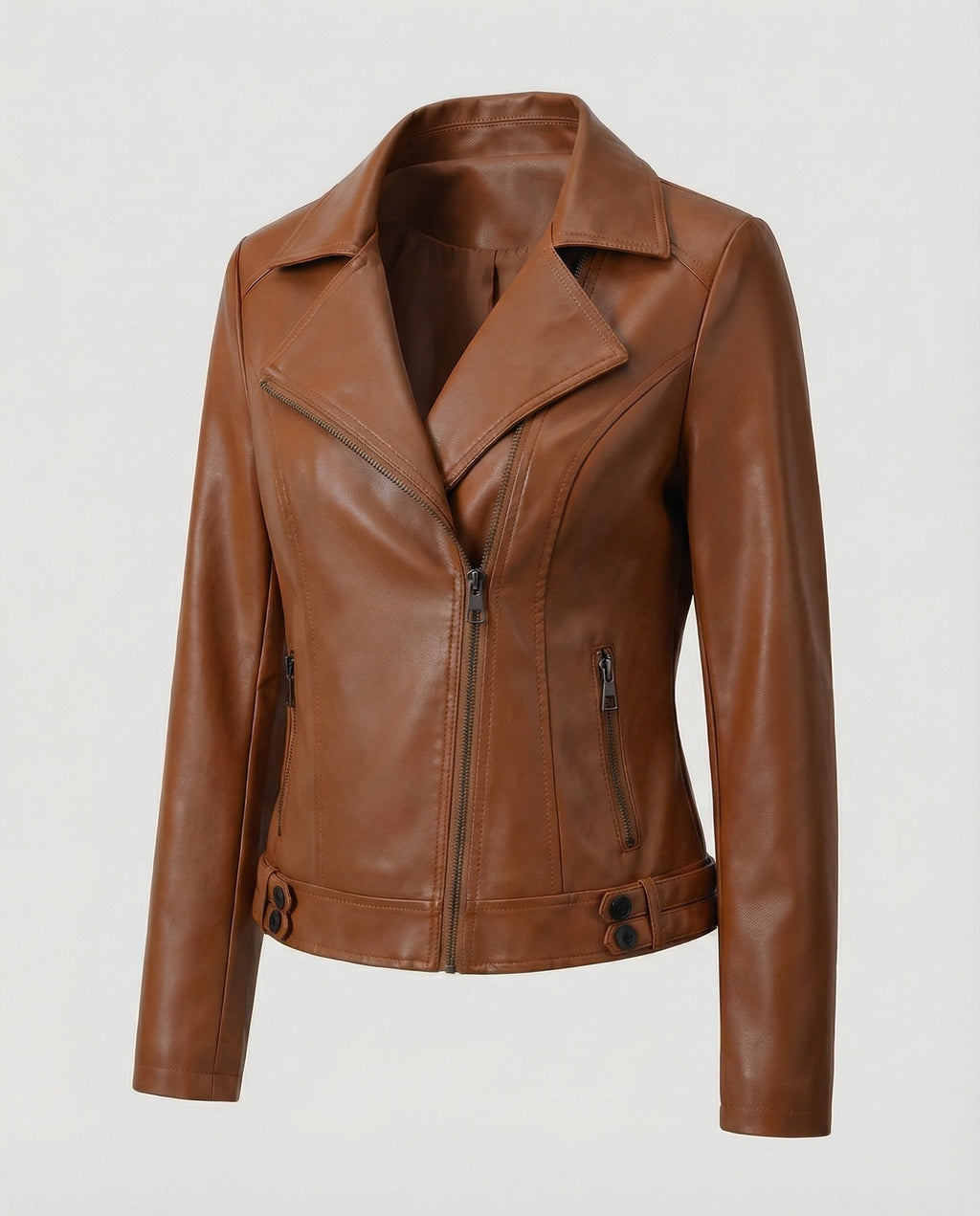 Damen Kunstleder-Bikerjacke mit asymmetrischem Reißverschluss wattierter Innenfütterung und taillierten Abnähern EB