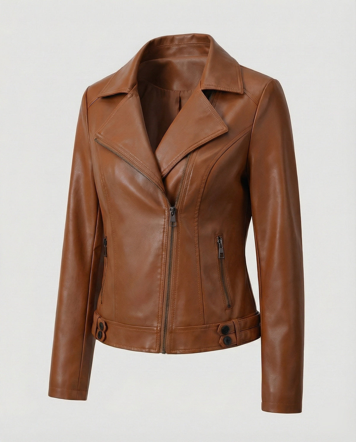 Damen Kunstleder-Bikerjacke mit asymmetrischem Reißverschluss wattierter Innenfütterung und taillierten Abnähern EB