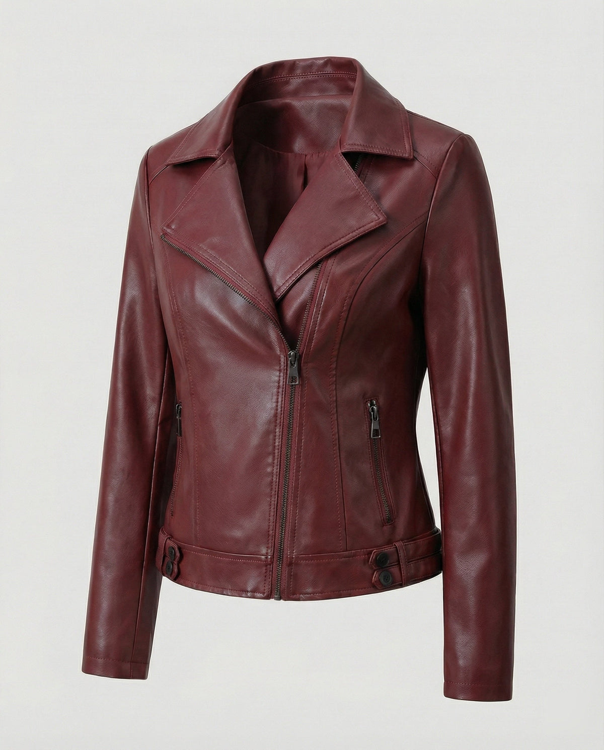 Damen Kunstleder-Bikerjacke mit asymmetrischem Reißverschluss wattierter Innenfütterung und taillierten Abnähern EB