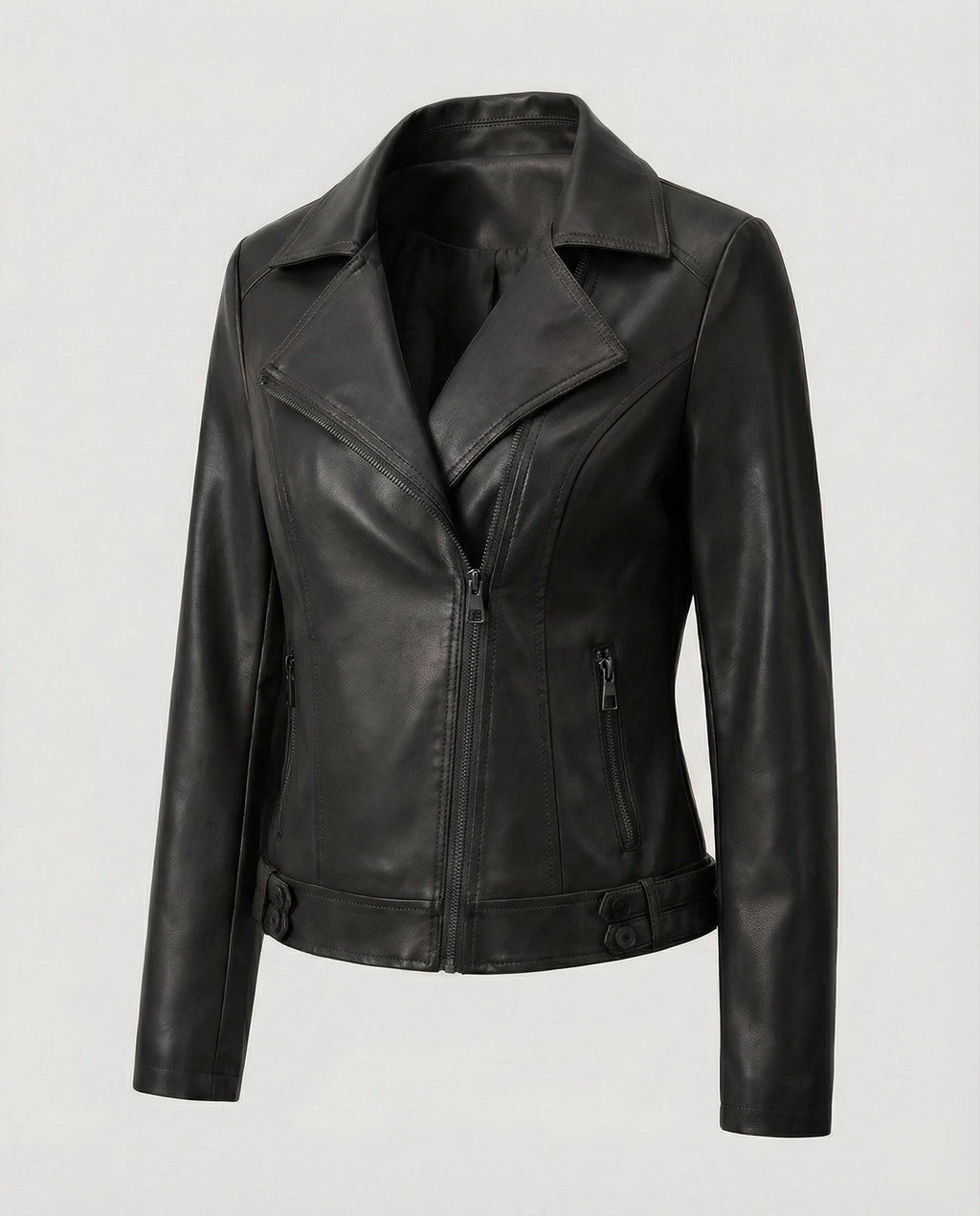 Damen Kunstleder-Bikerjacke mit asymmetrischem Reißverschluss wattierter Innenfütterung und taillierten Abnähern EB