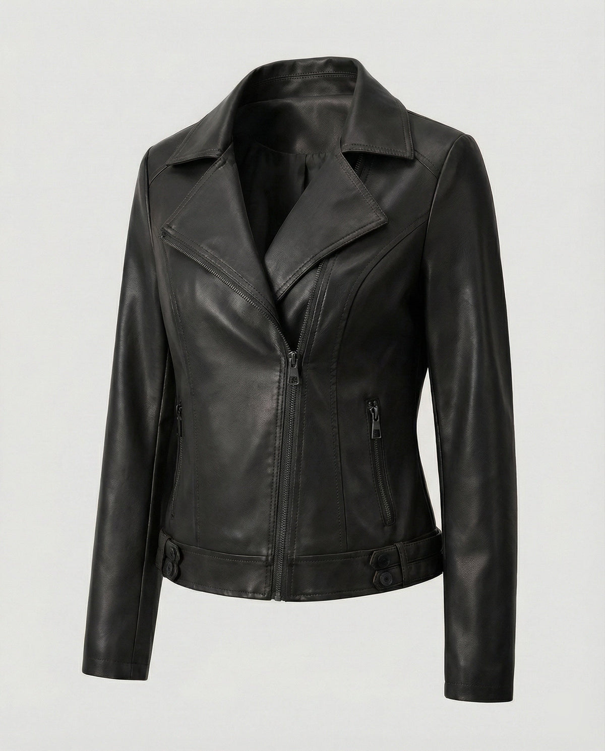 Damen Kunstleder-Bikerjacke mit asymmetrischem Reißverschluss wattierter Innenfütterung und taillierten Abnähern EB