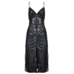 Damen elegantes bodenlanges Kleid aus glattem Kunstleder mit doppelten Trägern und hohem Schlitz EB