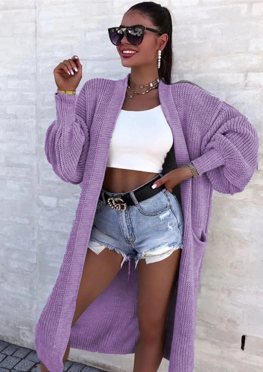 Damen Langer Strickmantel mit oversized Ärmeln und praktischen Taschen EB