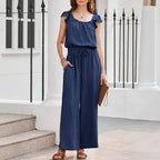 Damen-Crinkle-Jumpsuit mit weitem Bein, elastischem Bund und gerüschten Ärmeln