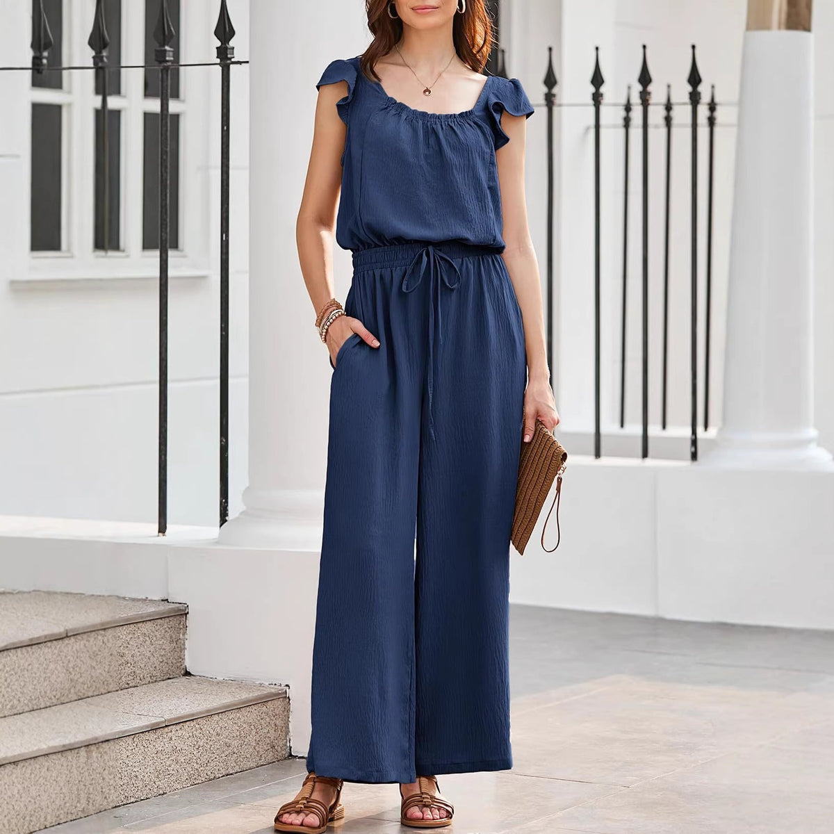Damen-Crinkle-Jumpsuit mit weitem Bein, elastischem Bund und gerüschten Ärmeln