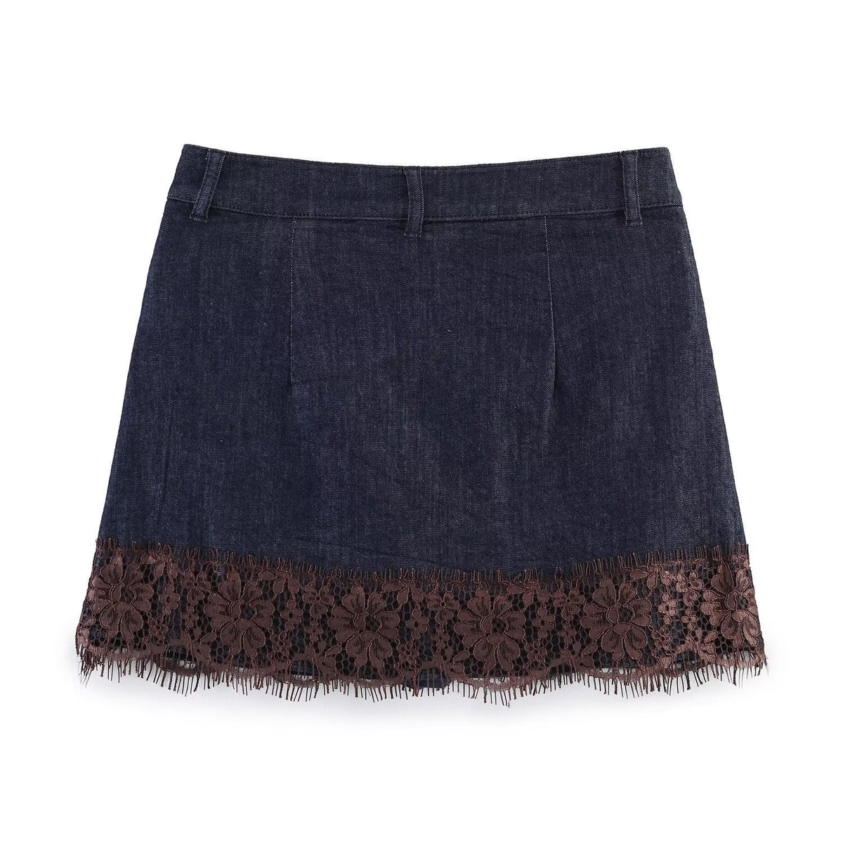 Damen Denimrock mit floraler Spitzenverzierung und fransigem Saum EB