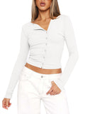 Damen figurbetontes Langarmshirt mit Knopfleiste und V-Ausschnitt EB