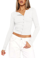 Damen figurbetontes Langarmshirt mit Knopfleiste und V-Ausschnitt EB