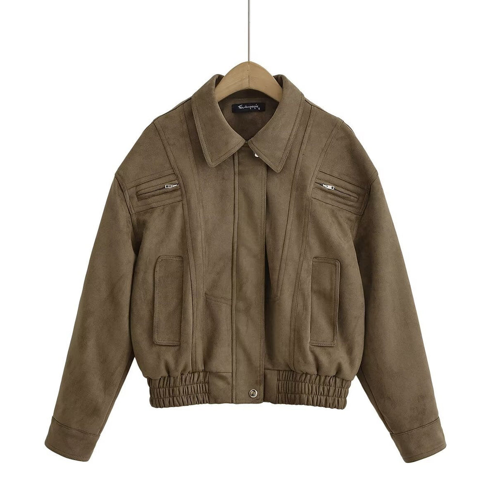 Damen Kunstleder Blousonjacke mit praktischen Taschen und elastischem Saum EB