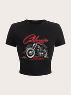 Damen Crop-T-Shirt mit kreativem Motorrad-Design und urbanem California-Aufdruck EB