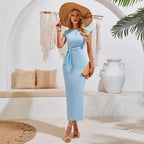 Damen elegantes Maxikleid mit innovativer Raffung und Taillengürtel EB