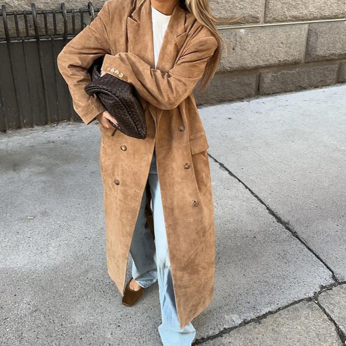 Damen Eleganter Wildleder-Trenchcoat mit doppelt geknöpftem Design EB