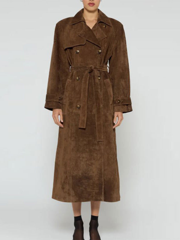 Damen eleganter und taillierter Wildleder-Trenchcoat mit Gürtel EB
