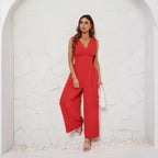 Damen Jumpsuit mit V-Ausschnitt und weitem Bein EB