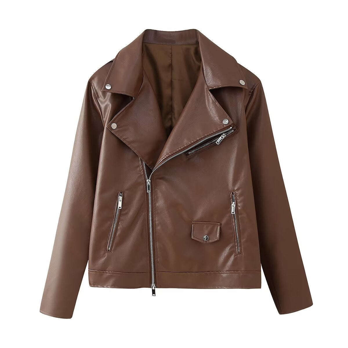 Damen Kunstleder Bikerjacke mit asymmetrischem Reißverschluss und dekorativen Zipperdetails EB