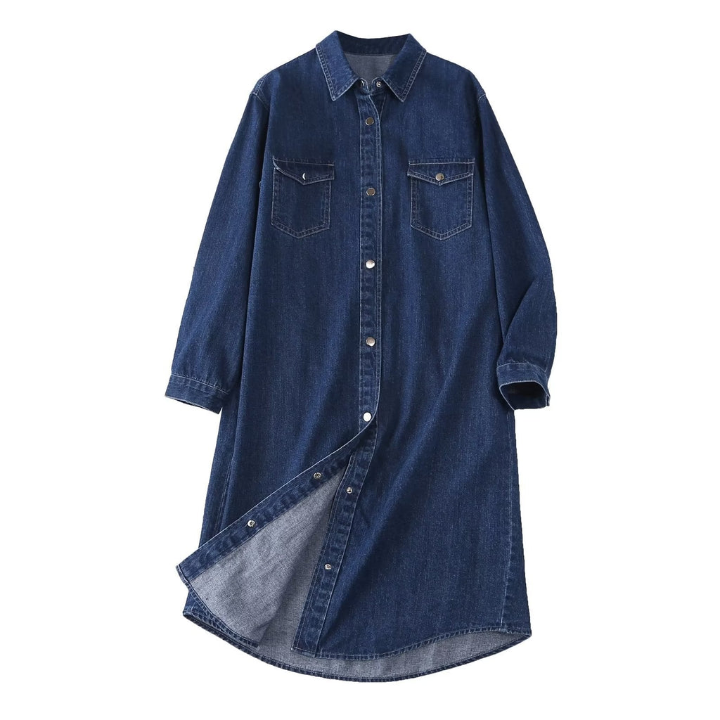 Damen Denim Hemdblusenkleid mit knöpfbarem Frontdesign und praktischen Taschen EB